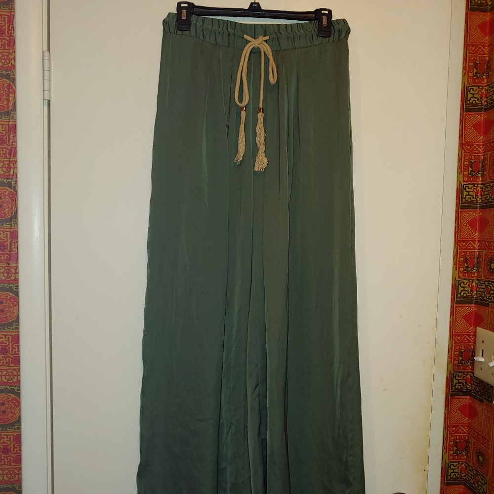 Iman Olive Green Wide Leg Silky Pants S